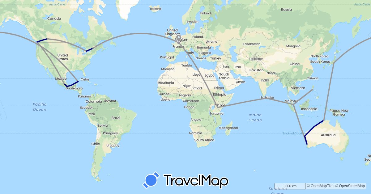 TravelMap itinerary: driving, plane in Australia, Canada, France, Japan, Kenya, Sri Lanka, Mexico, Philippines, Singapore (Africa, Asia, Europe, North America, Oceania)